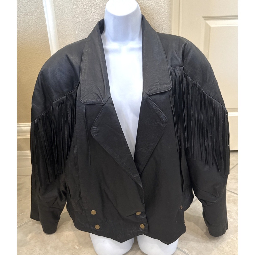 VTG Western Fringe Leather Jacket MPW Size XL 90s Black Cowboy‎ Rodeo Coat